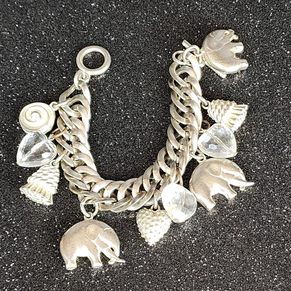 Silver Charm Bracelet with Elephant and Heart Accents